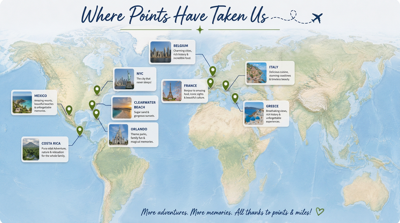 Map showing destinations traveled to using points and miles